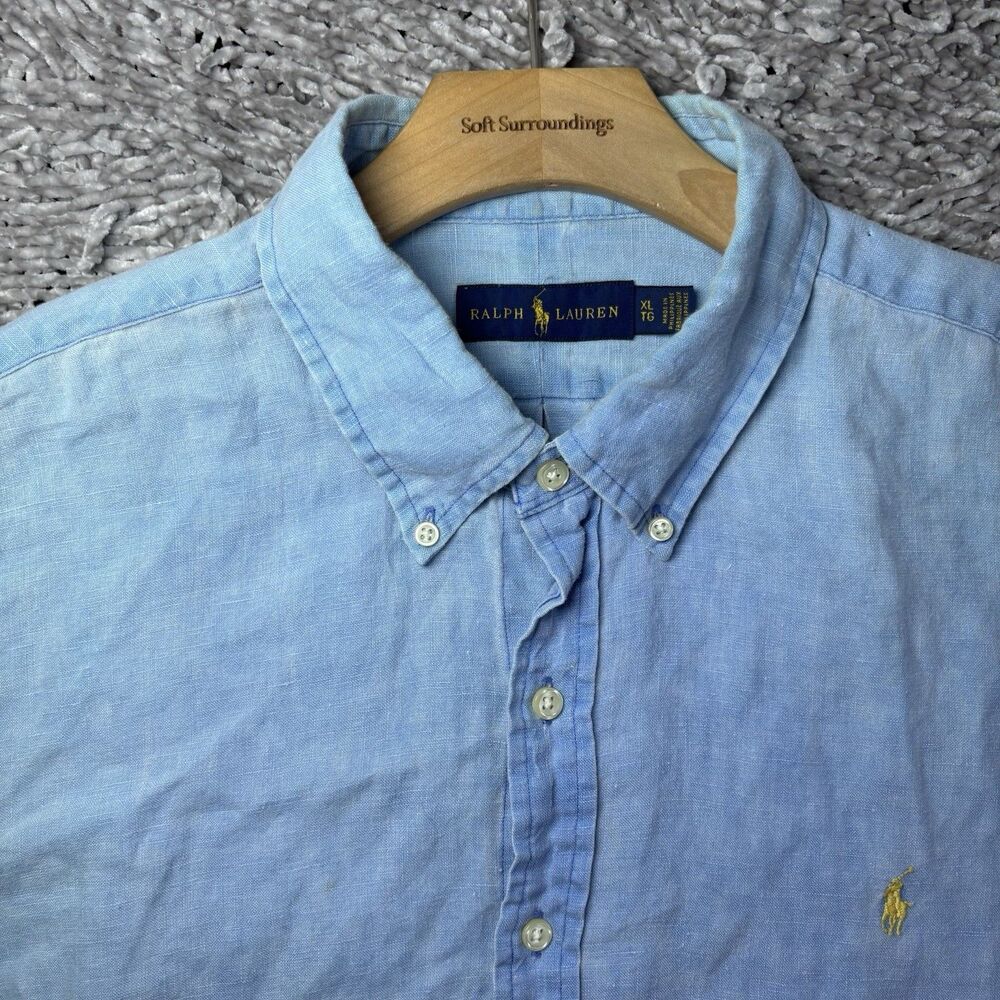 Ralph Lauren Linen Button Down Shirt Mens XL Short Sleeve Baby Blue Summer Beach